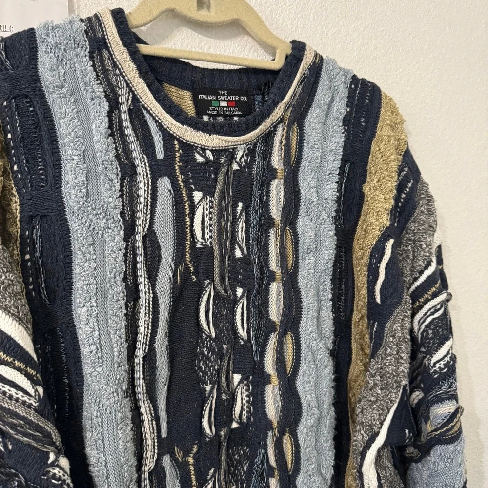 The Italian Sweater Co Mens 3D Textured Knit Sweater L‎ Blue Coogi Style 90s - Picture 3 of 6